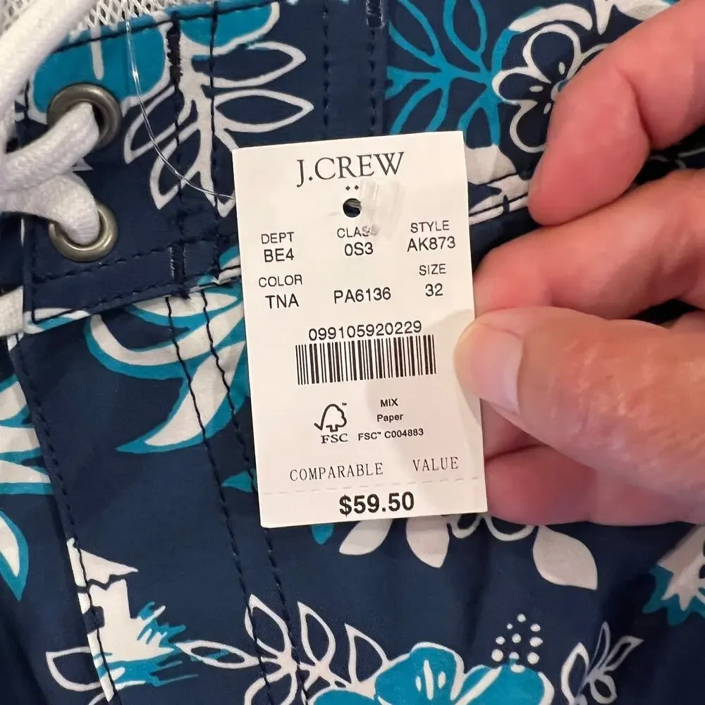 NWT J. Crew Men's Navy, Turquoise Tropical Swim Board Short - SIZE 32